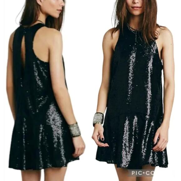 FREE PEOPLE Liquid Shine Black Sequin High Neck Cocktail mini dress Extra Small - Picture 1 of 8